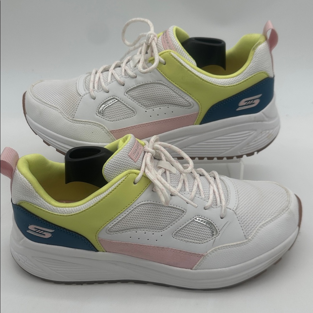 Skechers Womens 10 White Pink Green Bobs Sport Casual Comfy Sneakers Memory Foam